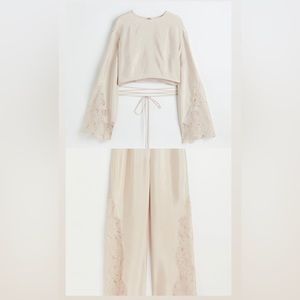 H&M Lace Matching Satin Set Bell Sleeve Top & Wide Leg Sheer Lace Pants XS Sz 4